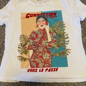 Zara White Tee with Red Floral Graphic and Teal Accent